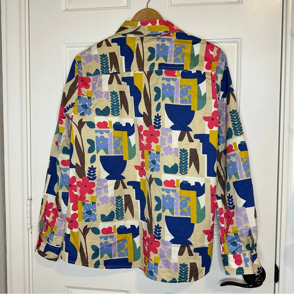 J.Mclaughlin Creme Multicolor Floral Mixed Media Button Down Blouse L Boho Chic - Picture 4 of 12